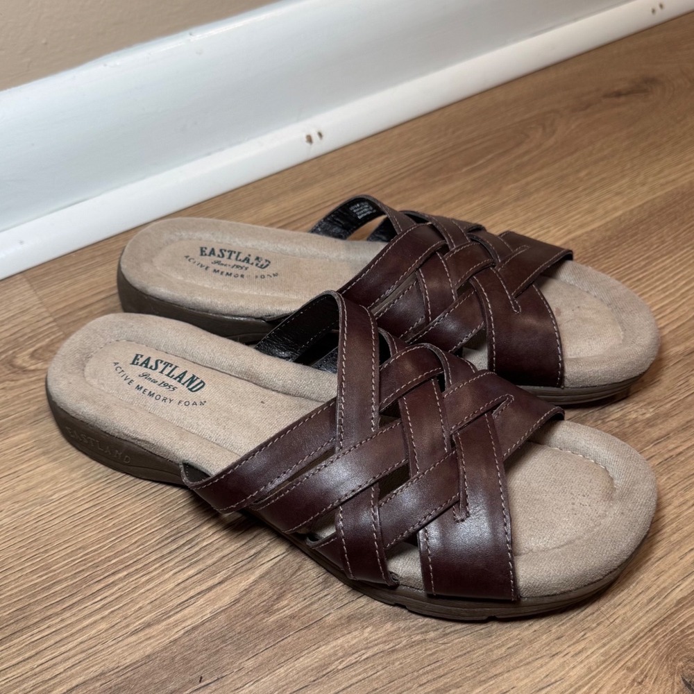 Eastland‎ Brown Leather Woven Slide Sandals Womens 10M Memory Foam Boho Comfort